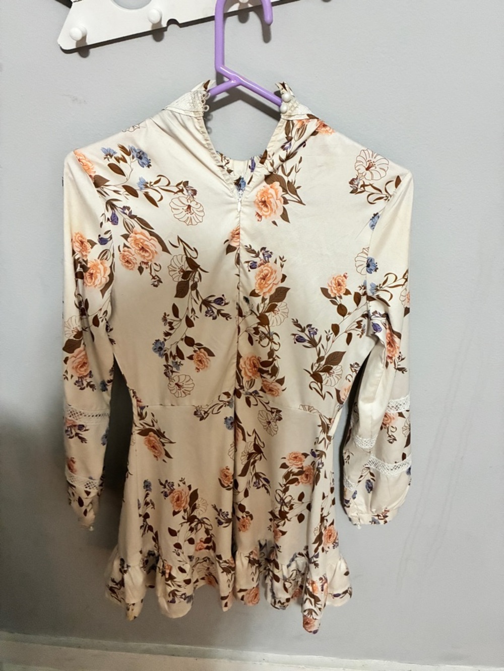 Cream Floral Long Sleeve Ruffle-Hem Dress